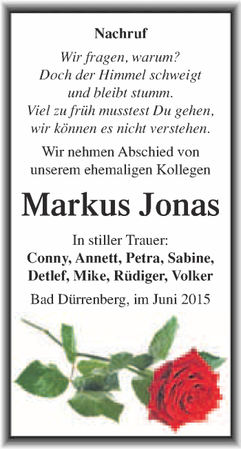 Traueranzeige von Markus Jonas von Super Sonntag Merseburg