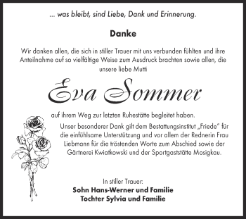 Traueranzeige von Eva Sommer von WVG - Wochenspiegel Dessau / Köthen