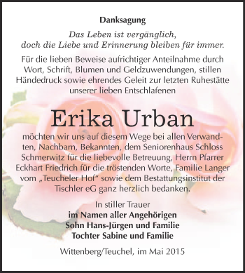 Traueranzeige von Erika Urban von WVG - Wochenspiegel Wittenberg