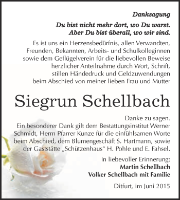 Traueranzeige von Siegrun Schellbach von WVG - Wochenspiegel Quedlinburg