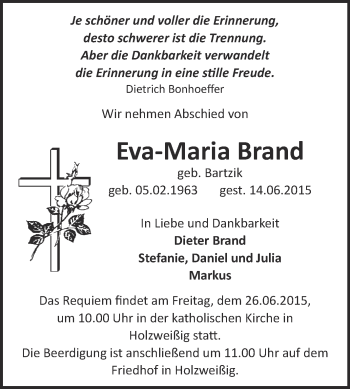 Traueranzeige von Eva-Maria Brand von WVG - Wochenspiegel Bitterfeld