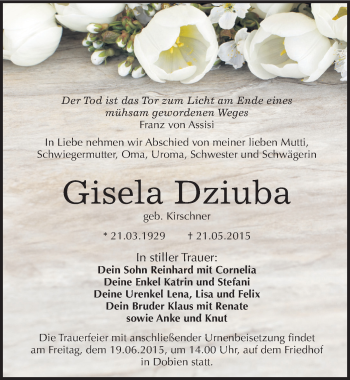 Traueranzeige von Gisela Dziuba von Mitteldeutsche Zeitung Wittenberg