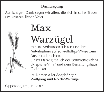 Traueranzeige von Max Warzügel von WVG - Wochenspiegel Quedlinburg