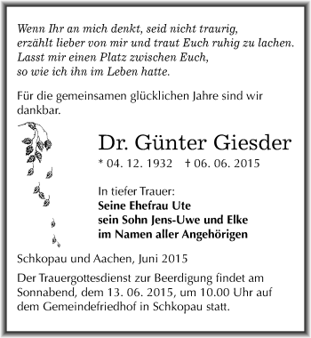 Traueranzeige von Günter Giesder von Mitteldeutsche Zeitung Merseburg/Querfurt