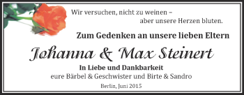 Traueranzeige von Johanna und Max Steinert von Super Sonntag Zeitz