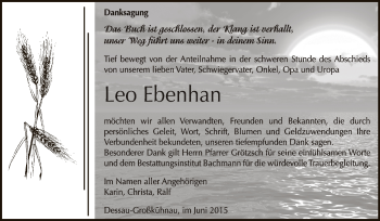 Traueranzeige von Leo Ebenhan von WVG - Wochenspiegel Dessau / Köthen