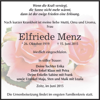Traueranzeige von Elfriede Menz von Super Sonntag Zeitz