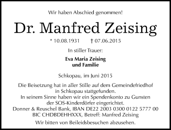 Traueranzeige von Manfred Zeising von Mitteldeutsche Zeitung