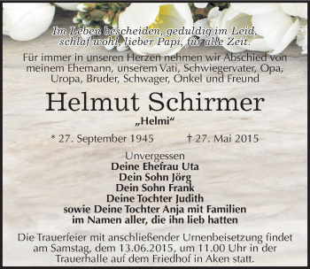 Traueranzeige von Helmut Schirmer von Mitteldeutsche Zeitung Köthen