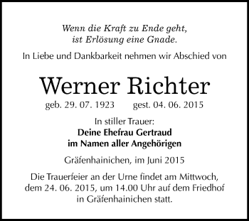 Traueranzeige von Werner Richter von WVG - Wochenspiegel Wittenberg