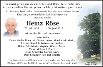 Traueranzeige von Heinz Röse von WVG - Wochenspiegel Quedlinburg