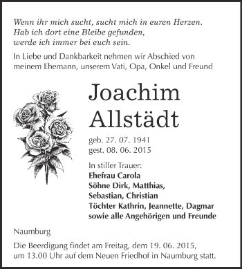 Traueranzeige von Joachim Allstädt von WVG - Wochenspiegel NMB / WSF / ZTZ