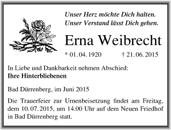 Traueranzeige von Erna Weibrecht von Mitteldeutsche Zeitung Merseburg/Querfurt