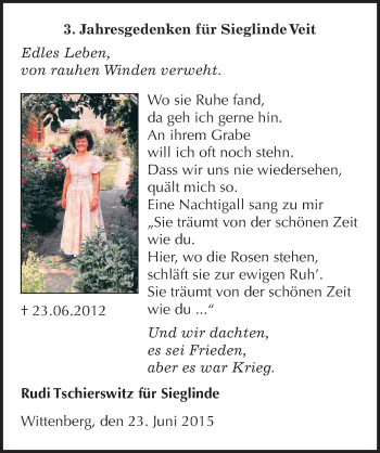 Traueranzeige von Sieglinde Veit von Mitteldeutsche Zeitung Wittenberg