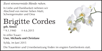 Traueranzeige von Brigitte Cordes von Mitteldeutsche Zeitung Mansfelder Land