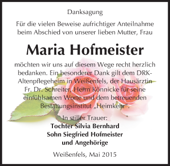 Traueranzeige von Maria Hofmeister von Mitteldeutsche Zeitung Weißenfels