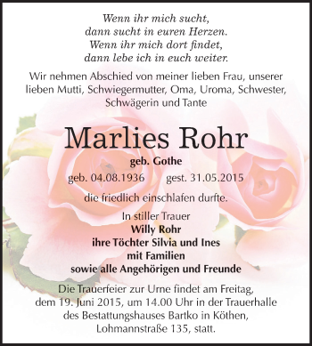Traueranzeige von Marlies Rohr von WVG - Wochenspiegel Dessau / Köthen
