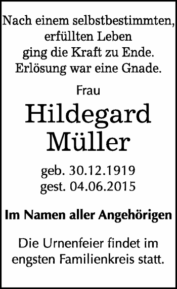 Traueranzeige von Hildegard Müller von WVG - Wochenspiegel Merseburg