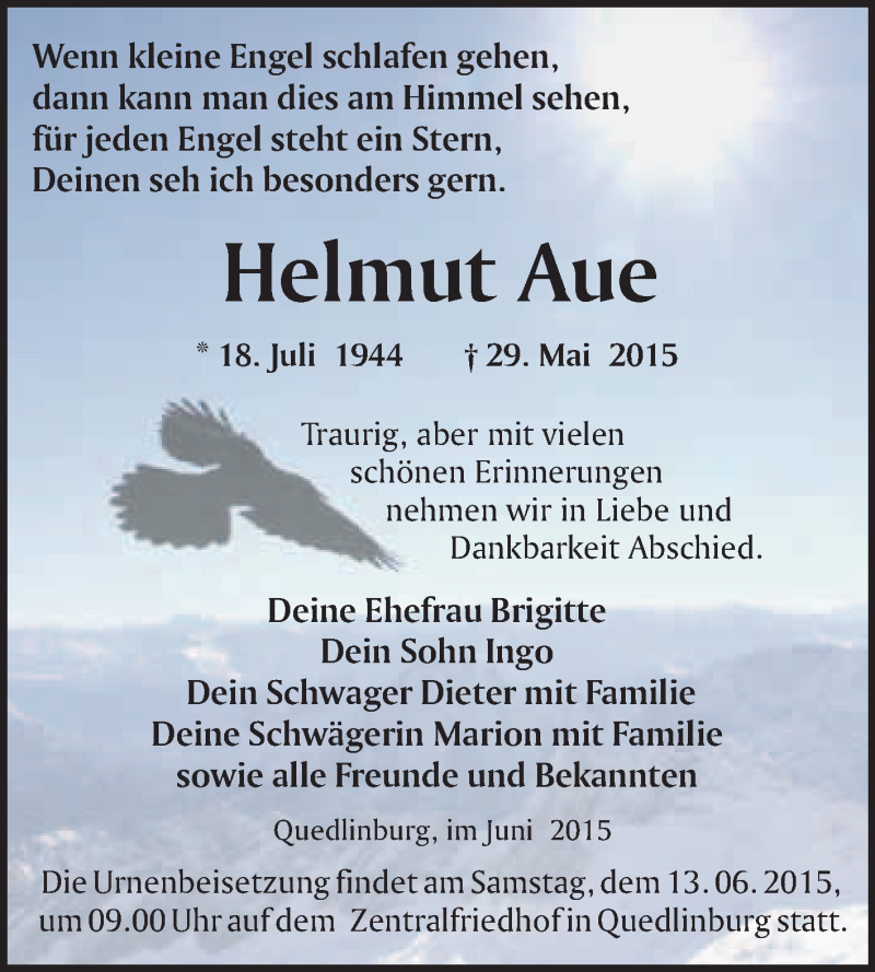  Traueranzeige für Helmut Aue vom 07.06.2015 aus WVG - Wochenspiegel Quedlinburg