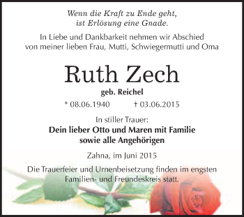Traueranzeige von Ruth Zech von WVG - Wochenspiegel Wittenberg
