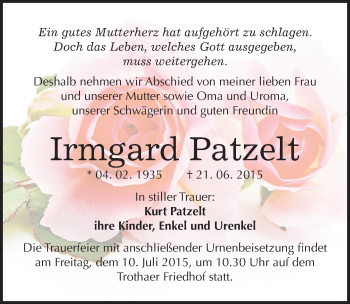 Traueranzeige von Irmgard Patzelt von Mitteldeutsche Zeitung Halle/Saalkreis
