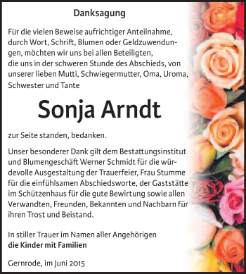 Traueranzeige von Sonja Arndt von WVG - Wochenspiegel Quedlinburg