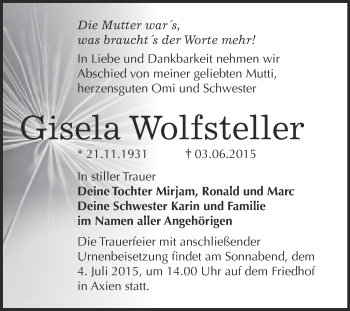 Traueranzeige von Gisela Wolfsteller von WVG - Wochenspiegel Wittenberg