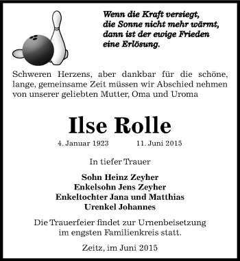 Traueranzeige von Ilse Rolle von Mitteldeutsche Zeitung Zeitz