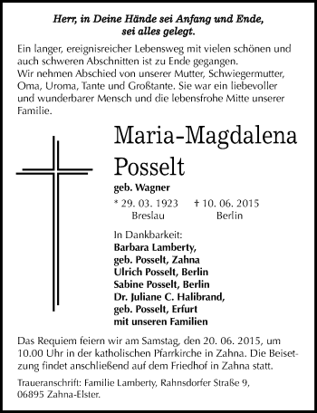 Traueranzeige von Maria-Magdalena Posselt von Mitteldeutsche Zeitung Wittenberg