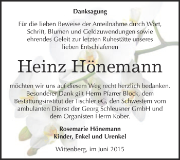 Traueranzeige von Heinz Hönemann von Super Sonntag Wittenberg