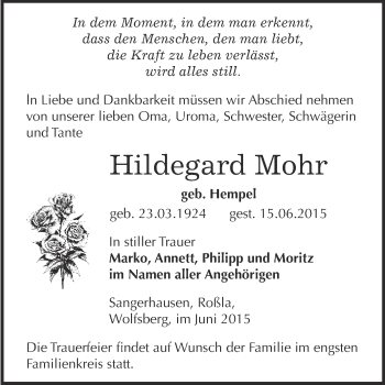 Traueranzeige von Hildegard Mohr von Super Sonntag SGH Mansf. Land