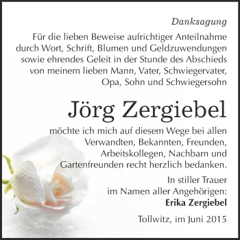 Traueranzeige von Jörg Zergiebel von Super Sonntag Merseburg