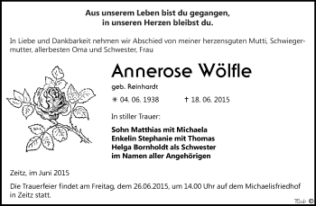 Traueranzeige von Annerose Wölfle von WVG - Wochenspiegel NMB / WSF / ZTZ