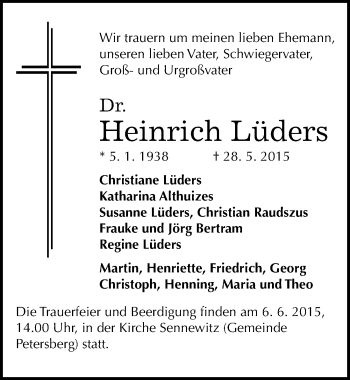 Traueranzeige von Heinrich Lüders von Mitteldeutsche Zeitung Bernburg