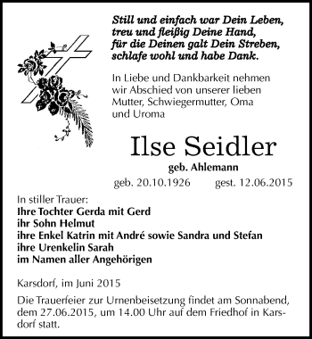 Traueranzeige von Ilse Seidler von Mitteldeutsche Zeitung Naumburg/Nebra