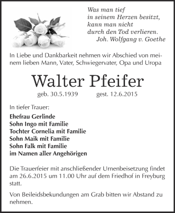Traueranzeige von Walter Pfeifer von WVG - Wochenspiegel NMB / WSF / ZTZ