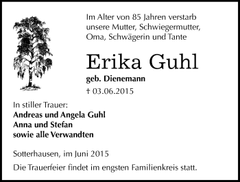 Traueranzeige von Erika Guhl von Mitteldeutsche Zeitung Sangerhausen