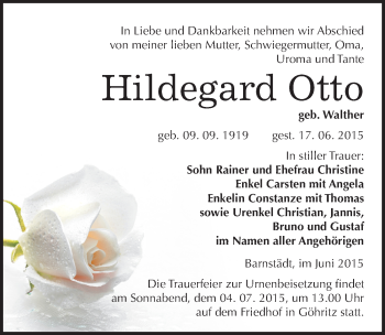 Traueranzeige von Hildegard Otto von Mitteldeutsche Zeitung Merseburg/Querfurt