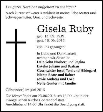 Traueranzeige von Gisela Ruby von Mitteldeutsche Zeitung Merseburg/Querfurt