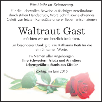 Traueranzeige von Waltraut Gast von WVG - Wochenspiegel Bitterfeld