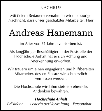 Traueranzeige von Andreas Hanemann von Mitteldeutsche Zeitung Köthen