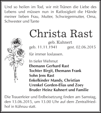 Traueranzeige von Christa Rast von WVG - Wochenspiegel Dessau / Köthen