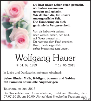 Traueranzeige von Wolfgang Hauer von WVG - Wochenspiegel NMB / WSF / ZTZ