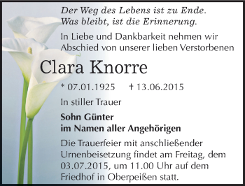 Traueranzeige von Clara Knorre von Mitteldeutsche Zeitung Bernburg