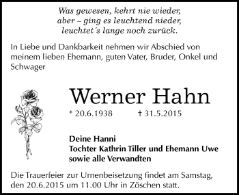 Traueranzeige von Werner Hahn von Mitteldeutsche Zeitung Merseburg/Querfurt
