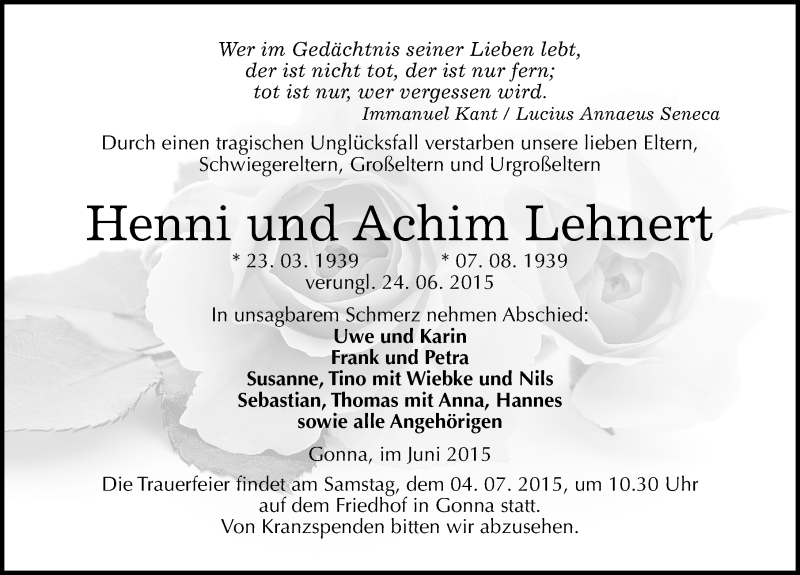  Traueranzeige für Henni und Achim Lehnert vom 27.06.2015 aus Mitteldeutsche Zeitung Sangerhausen