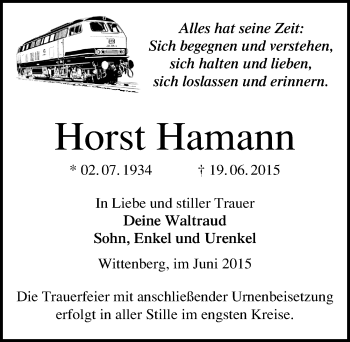 Traueranzeige von Horst Hamann von Mitteldeutsche Zeitung Wittenberg
