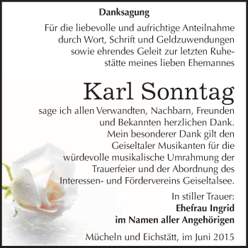 Traueranzeige von Karl Sonntag von WVG - Wochenspiegel Merseburg