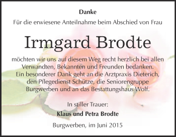 Traueranzeige von Irmgard Brodte von WVG - Wochenspiegel NMB / WSF / ZTZ