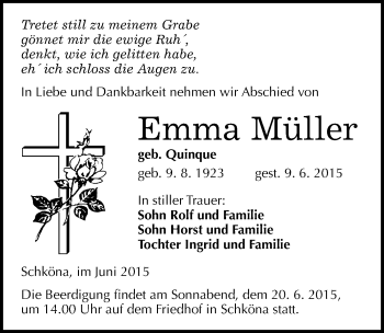 Traueranzeige von Emma Müller von Mitteldeutsche Zeitung Wittenberg